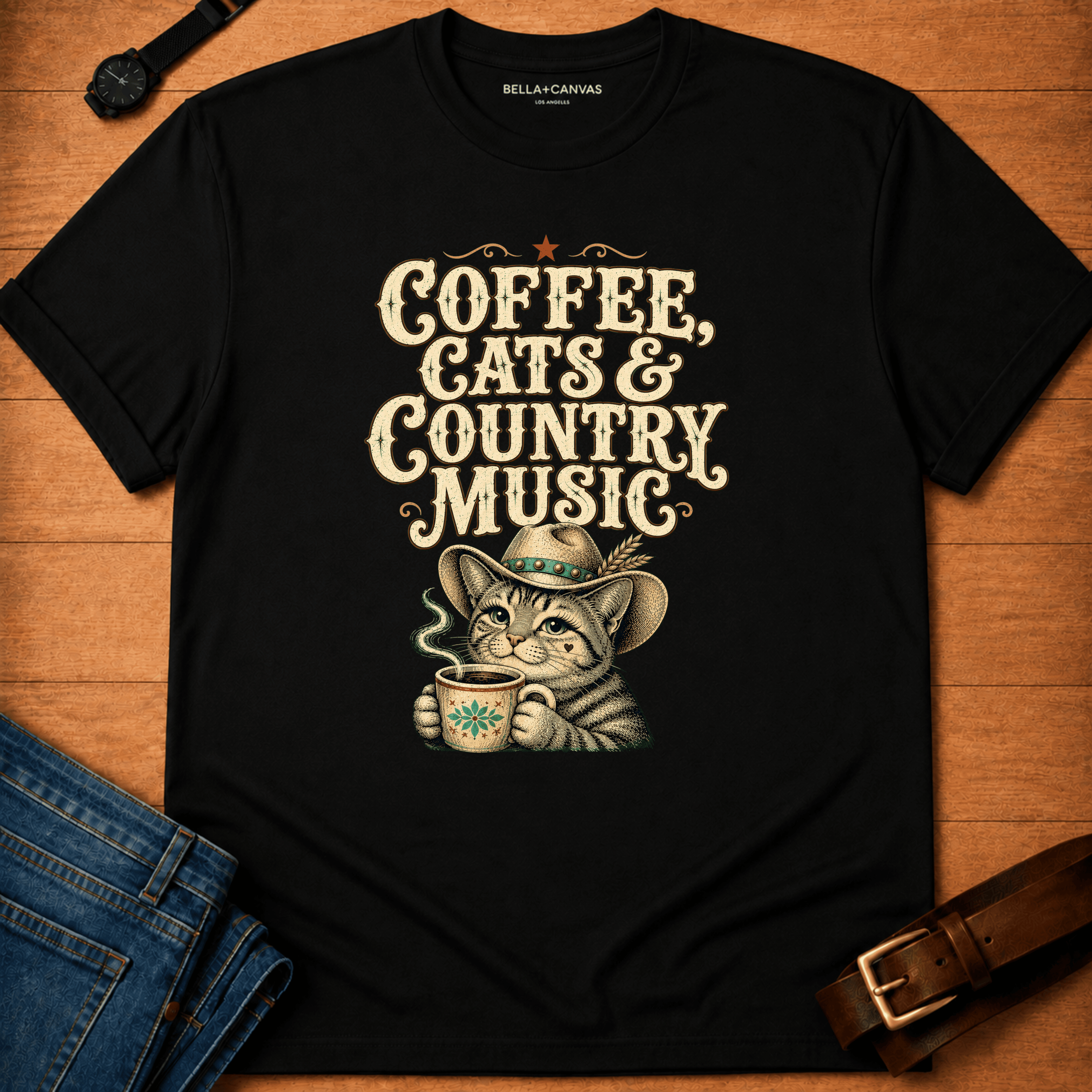 Country Cats Coffee Text &Tabby T-shirt