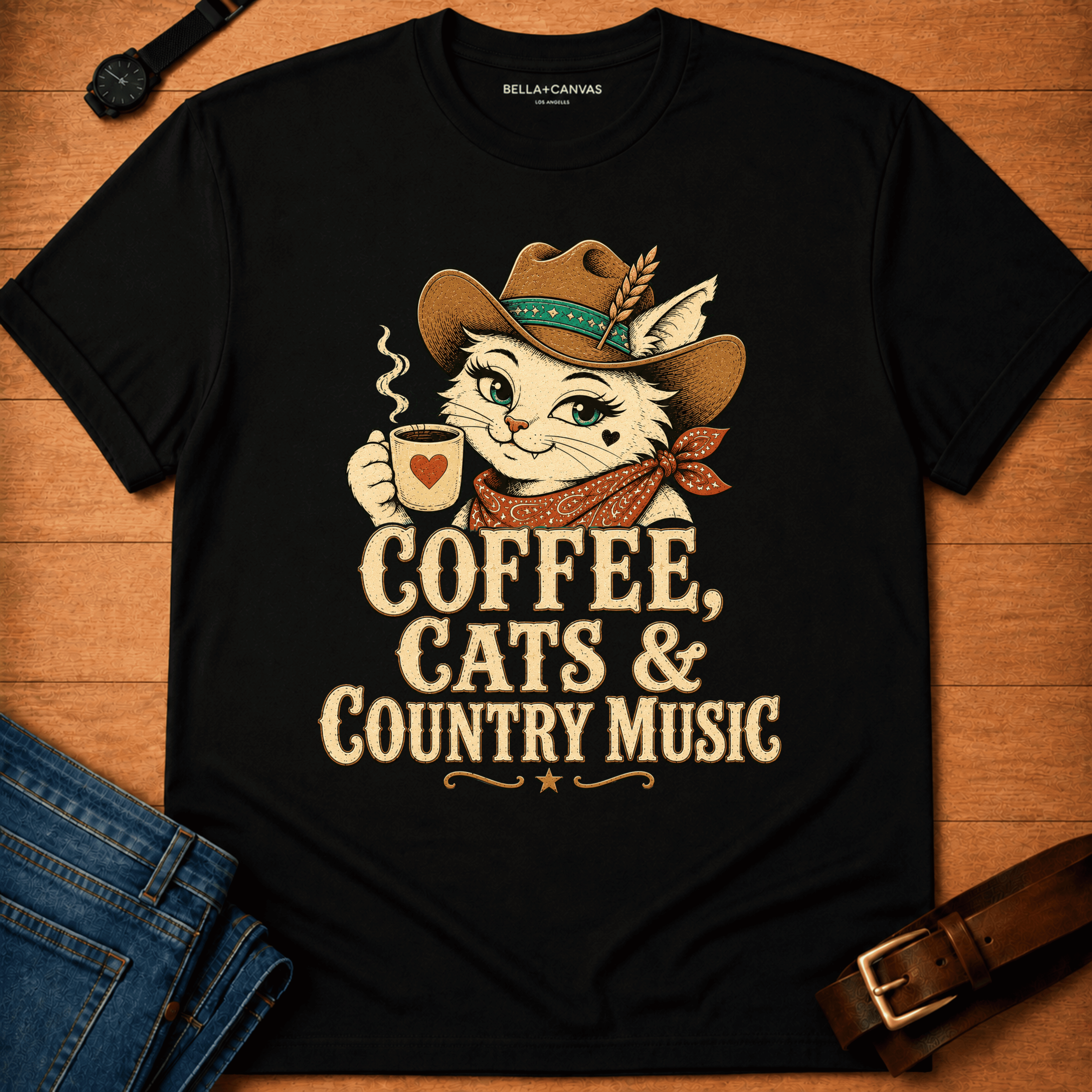Coffee Country Cats Text & Dixie T-shirt