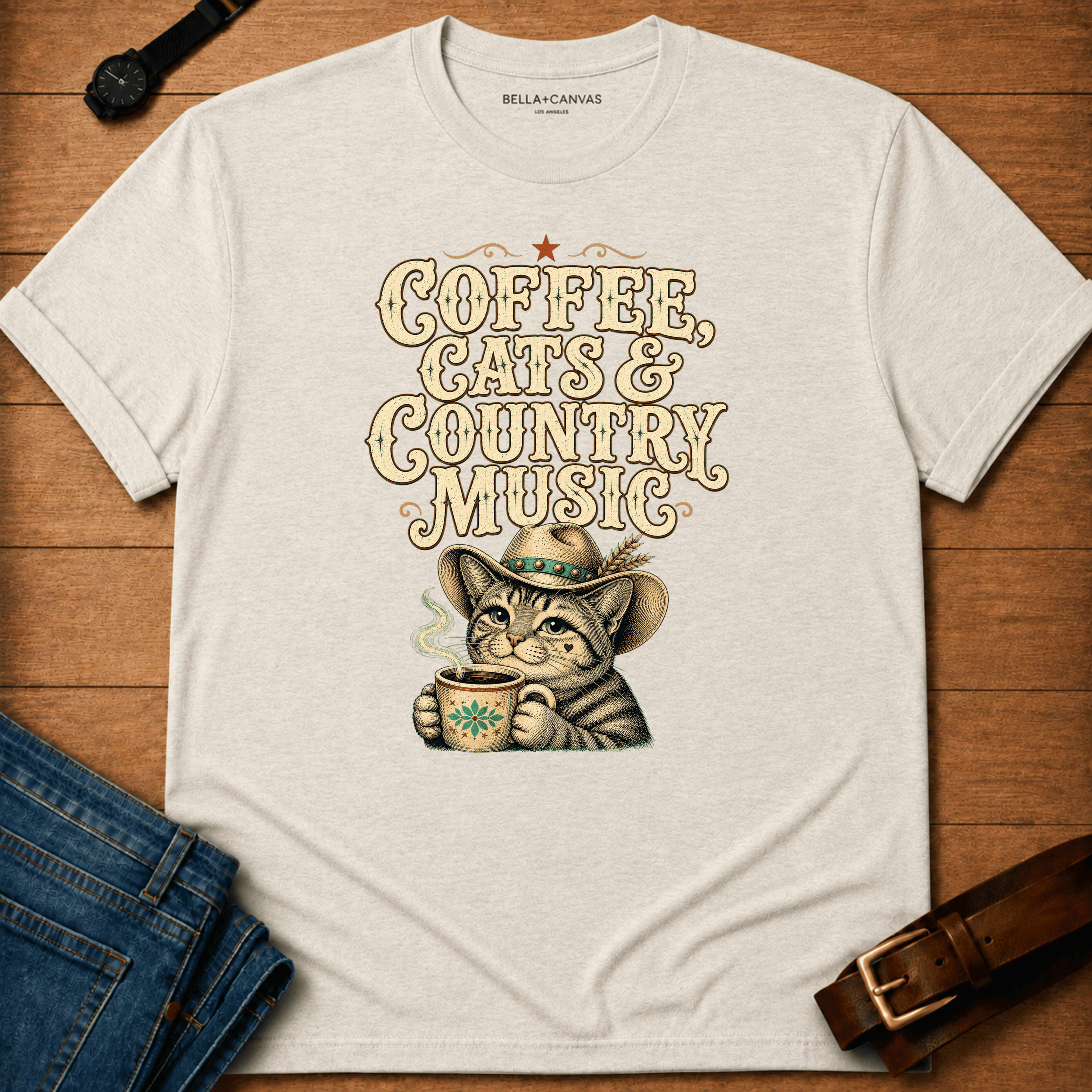 Country Cats Coffee Text &Tabby T-shirt