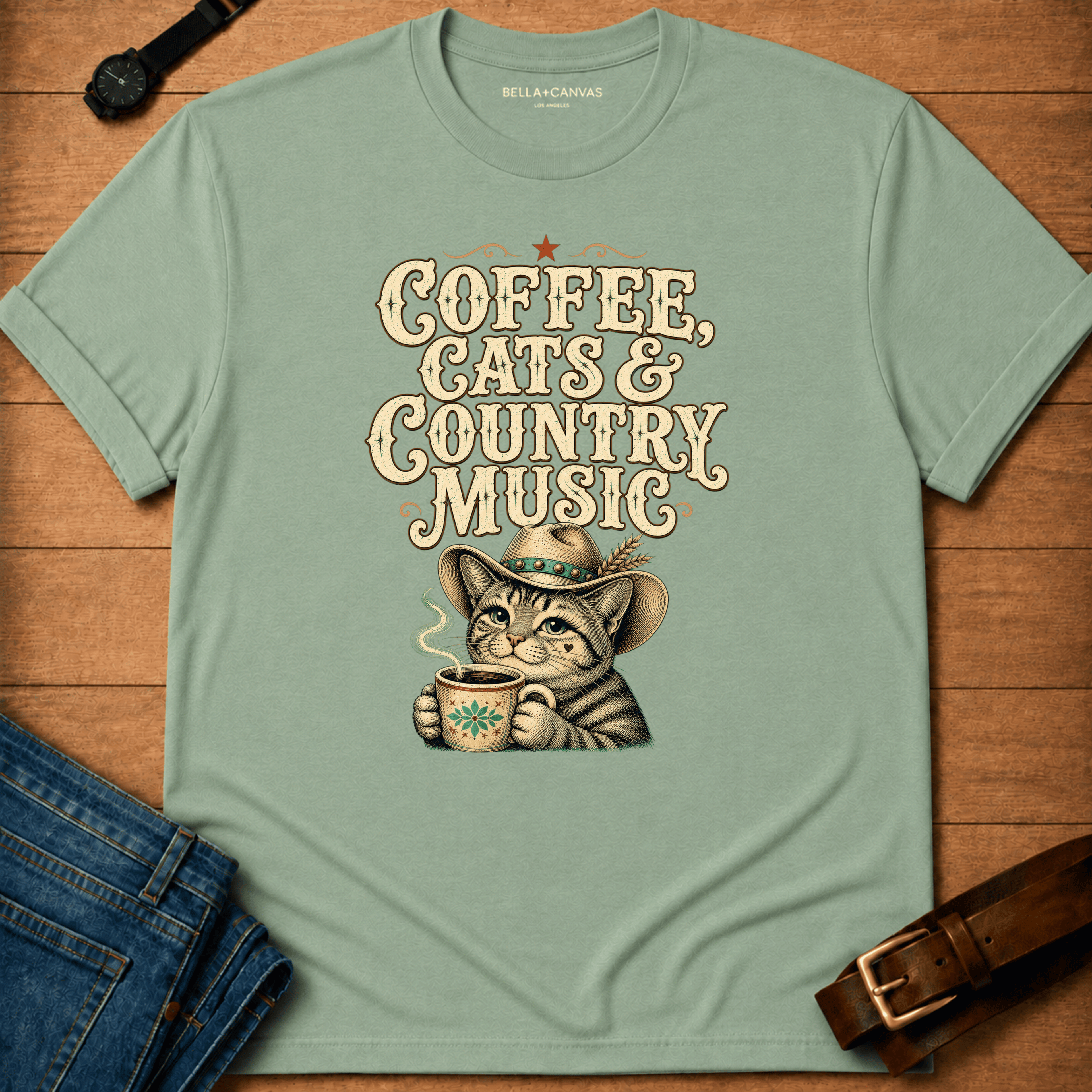 Country Cats Coffee Text &Tabby T-shirt