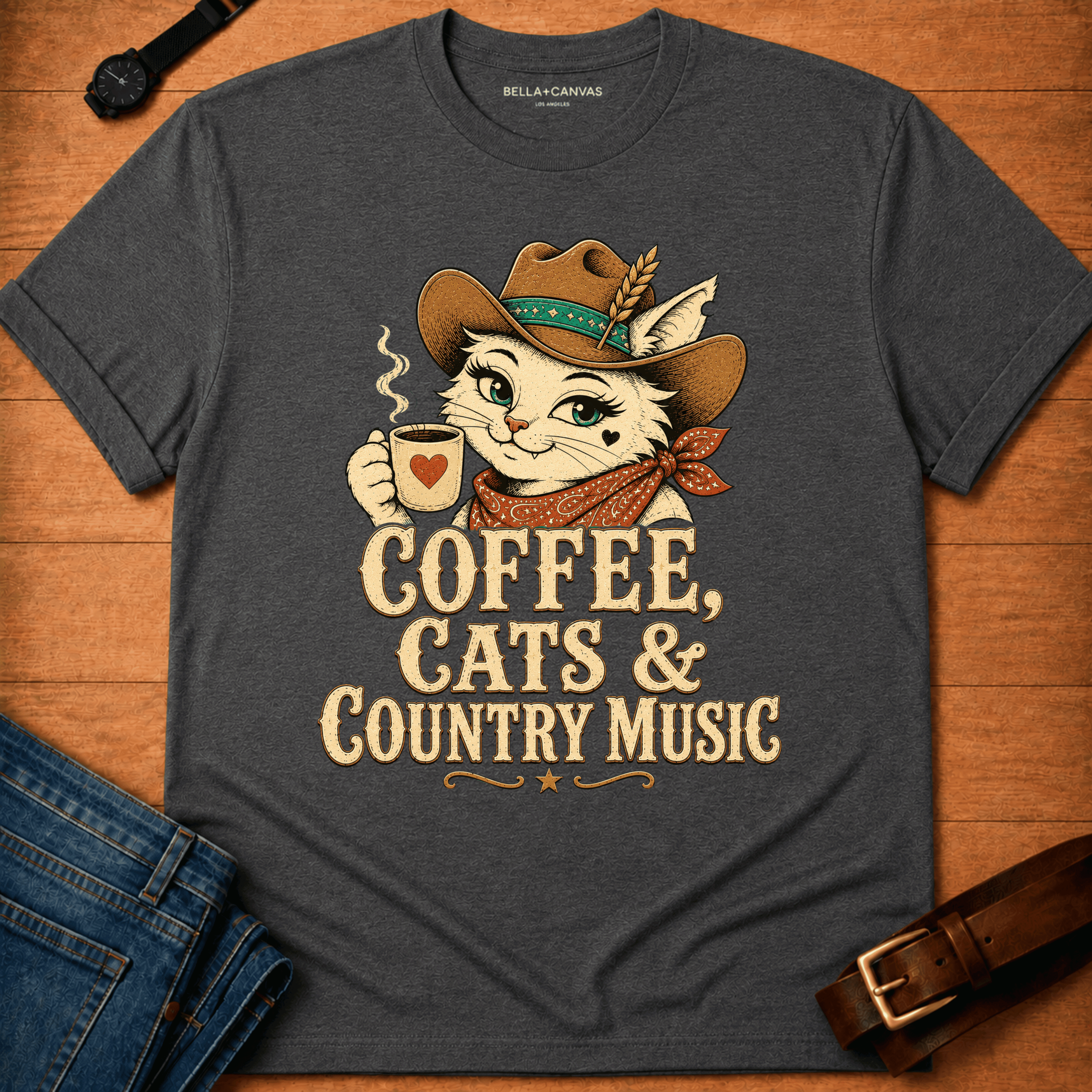 Coffee Country Cats Text & Dixie T-shirt