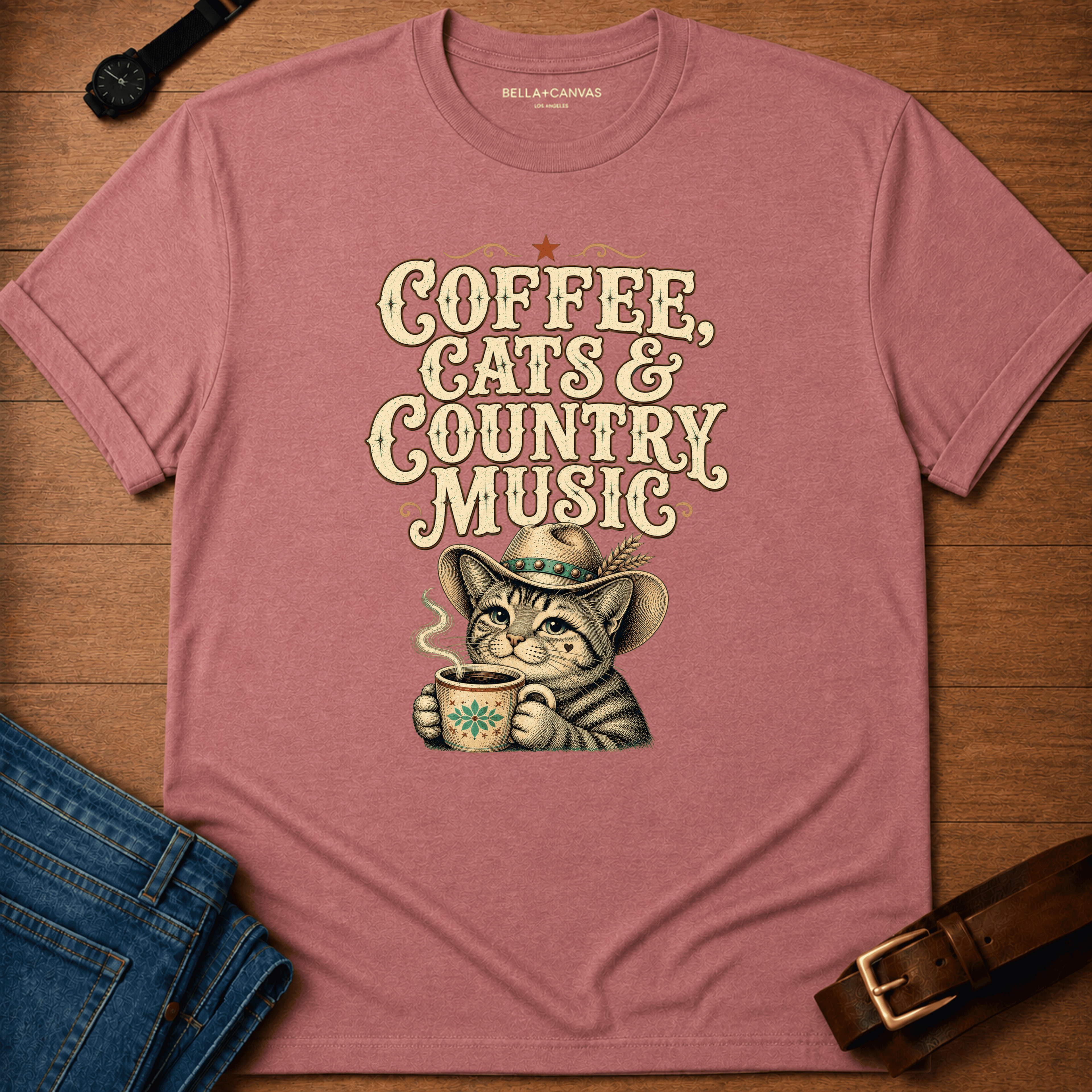 Country Cats Coffee Text &Tabby T-shirt